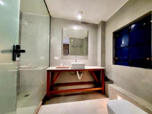 uma casa de banho com um lavatório, um espelho e um chuveiro em Guest House & Art Gallery em Olinda