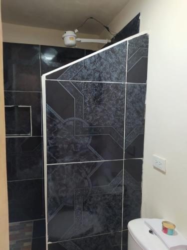 a bathroom with a black tile wall next to a toilet at Hotel Orillas del Pizano in Jardin