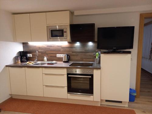 a kitchen with a stove and a sink and a microwave at Haus Partoll in Kappl