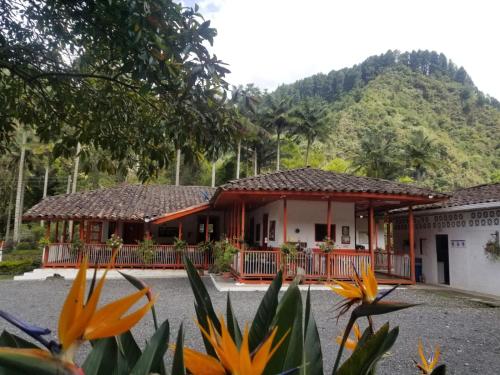 a house with orange flowers in front of it at Hostal Rio Arabia - Valle De Cocora HOTEL in Salento