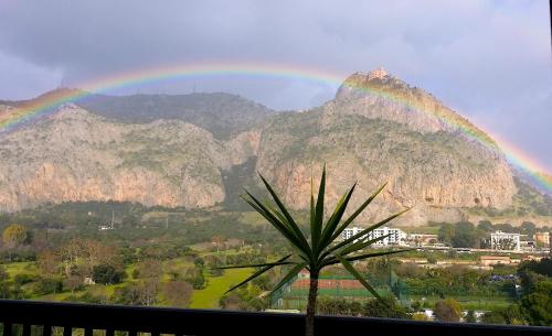 a rainbow over a mountain range with a palm tree at Gebel Grin in Palermo