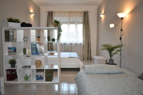 Zimmer mit einem weißen Bücherregal und einem Bett in der Unterkunft CASA BRAMANTE Stile e Comodità tra Inalpi Arena e il Cuore della Città! in Turin