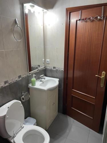 La salle de bains est pourvue de toilettes, d'un lavabo et d'un miroir. dans l'établissement Casa Alberche a 9Km Talavera, à Alberche del Caudillo