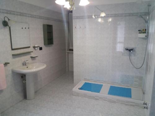 uma casa de banho com um chuveiro, um lavatório e um chuveiro em I Pini B&B em Castagnito