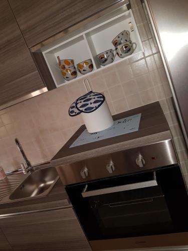 a kitchen with a counter top with a roll of toilet paper at Casa BiBa in Villasimius