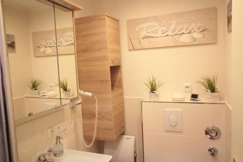 W łazience znajduje się prysznic, toaleta i umywalka. w obiekcie Appartement Relax Sankt Peter Ording w mieście Sankt Peter-Ording