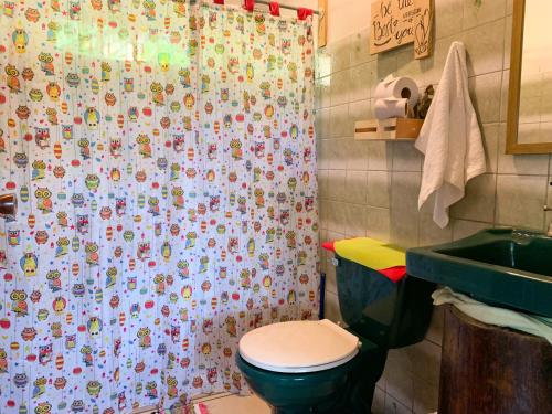 a bathroom with a shower curtain with a toilet and a sink at Hakuna Matata Guest House in Monteverde Costa Rica