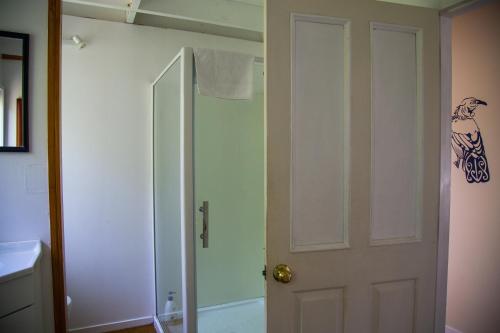 a bathroom with a shower and a white door at Fern Lodge Coromandel in Coromandel Town