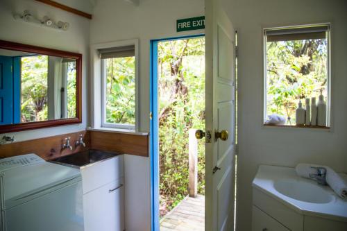 baño con lavabo, espejo y ventana en Fern Lodge Coromandel en Coromandel Town