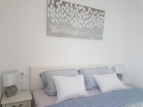 Gita Apartmani في سيزيتشي: غرفة نوم مع سرير ووسائد زرقاء وبيضاء
