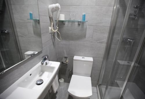 y baño con ducha, aseo y lavamanos. en Hotel Ciutat De Sant Adria, en Sant Adrià de Besòs