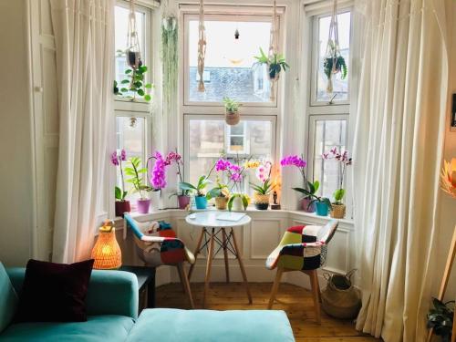 Cette chambre dispose de fenêtres et d'une table avec des plantes. dans l'établissement Cosy 2 Bedroom Flat in Edinburgh, à Édimbourg