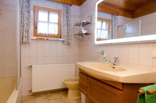a bathroom with a sink and a toilet and a mirror at Kinderbauernhof Salmanner in Steinbach an der Steyr