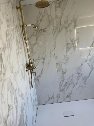a shower in a bathroom with a marble wall at Ferienwohnung Haus Weitblick in Bad Bertrich
