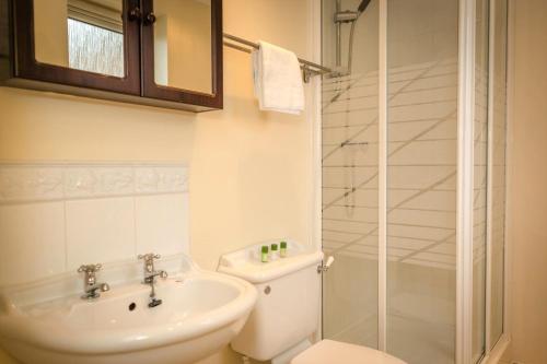 a bathroom with a sink and a toilet and a shower at Sailor's Rest - modern flat with water views in Pevensey
