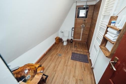 an attic bathroom with a toilet and a wooden floor at Finașii in Albac