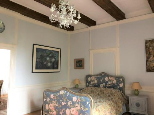 オーレーにあるManoir du Belvedereのベッドルーム1室(ベッド1台、シャンデリア付)