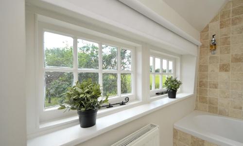 a bathroom with two windows and plants on a ledge at The Windmill Inn in Horsham