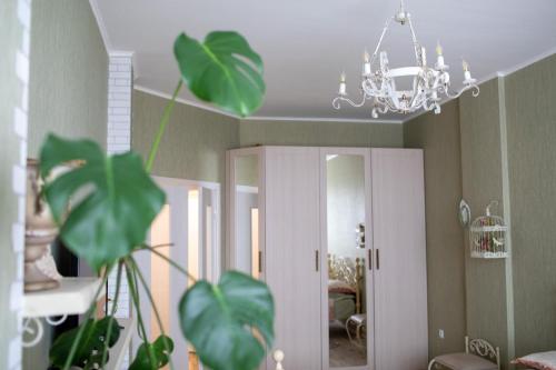 クルスクにあるGarmoniya Apartmentのシャンデリアと植物のあるリビングルーム