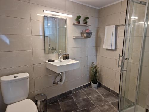 a bathroom with a toilet and a sink and a shower at Secret Garden Hotel in Maleme