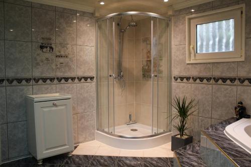 a bathroom with a shower and a tub and a sink at B&B Luttelhof, de goedkoopste in de regio ! in Luttelgeest