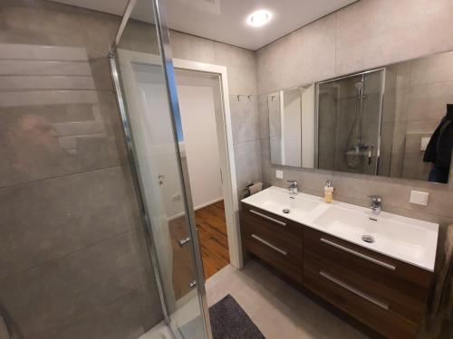 a bathroom with a sink and a shower at Handwerkerwohnung - Monteurunterkunft in Crumstadt