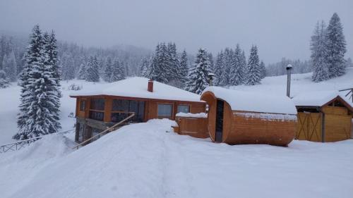 a snow covered cabin with a pile of snow at Вила Морава in Pamporovo