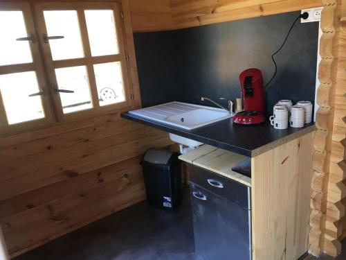 a kitchen with a counter and a sink and a window at Grand Chalet Domaine du vieux chêne in Bergerac