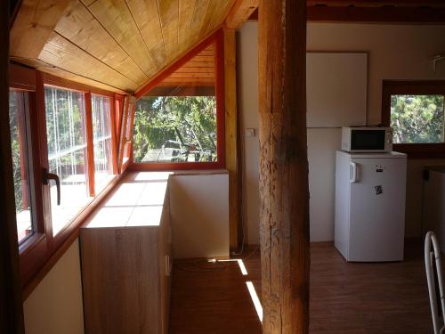 ギェネシュディアーシュにあるPorkoláb Apartmanházの小さなキッチン(窓、冷蔵庫付)
