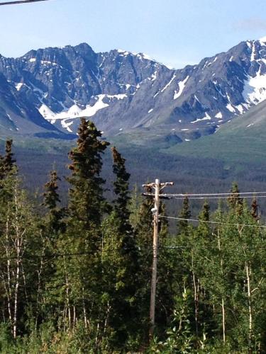 a telephone pole with trees and mountains in the background at Parkside Inn in Haines Junction