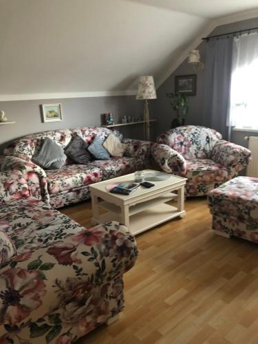 a living room with two couches and a coffee table at Apartmán u Míši in Suchdol nad Lužnicí