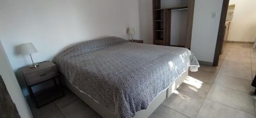 a bedroom with a bed and a table with a lamp at Cabañas Agua Clara in Villa Pehuenia