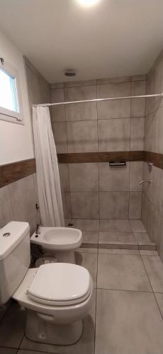 a bathroom with a white toilet and a shower at Cabañas Agua Clara in Villa Pehuenia
