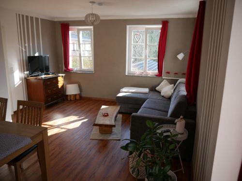 a living room with a blue couch and two windows at Ferienwohnung am Spreeradweg in Bautzen in Bautzen