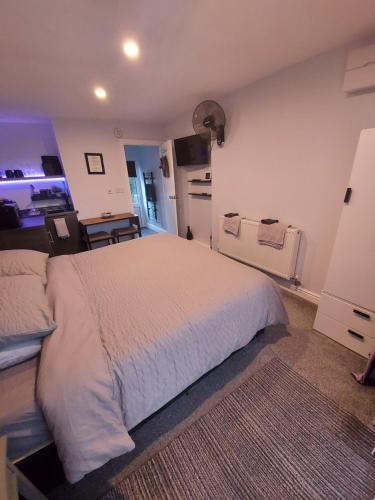 カーライルにあるHadrians wall studioのベッドルーム(白いベッド1台付)、キッチン