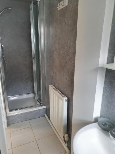 a bathroom with a shower and a toilet and a sink at Swindon Old Town Studio - EnterCloud9SA in Swindon