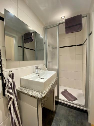 a bathroom with a sink and a shower at Haus Hohenzollern & Haus 'Ambiente in Bad Bertrich