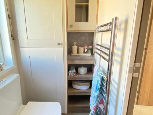 a small bathroom with a toilet and a shelf at Puddleducks, Dog Friendly Hot Tub Lodge in South Cerney