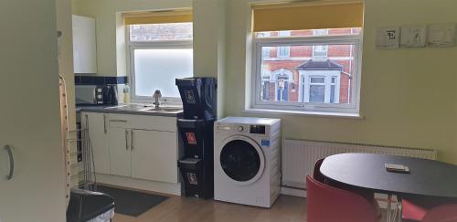 a kitchen with a washing machine and a sink at Swindon Old Town Duplex - EnterCloud9SA in Swindon