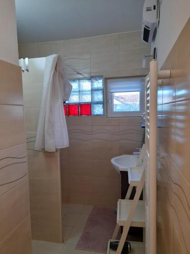 a bathroom with a sink and a window at Charming house "Luisi" in green garden Maribor 75m2 in Maribor
