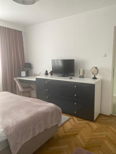 Schlafzimmer mit einem Bett und einem Schreibtisch mit einem TV in der Unterkunft Astra 1bedroom in Braşov