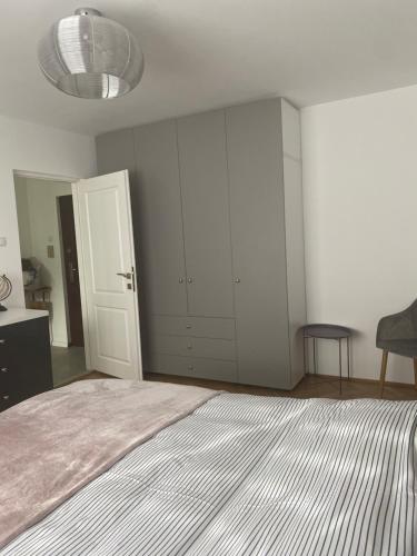 ein Schlafzimmer mit einem großen Bett und einem Schrank in der Unterkunft Astra 1bedroom in Braşov