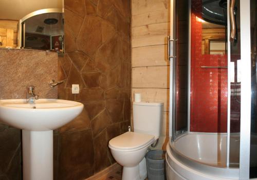 a bathroom with a sink and a toilet and a shower at АртГір гостинний двір in Mykulychyn