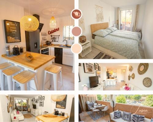un collage di foto di una cucina e di una camera da letto di HAPPY PLACE - plage - wifi a Cogolin