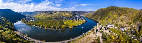 an aerial view of a small island in the middle of a river at Haus Hohenzollern & Haus 'Ambiente in Bad Bertrich