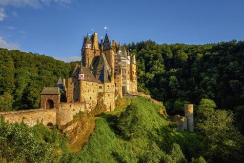 a castle on top of a hill with trees at Haus Hohenzollern & Haus 'Ambiente in Bad Bertrich