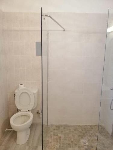 a bathroom with a toilet and a glass shower stall at Résidence Le Dattier, 3 bedrooms apartment, Flic en Flac in Flic-en-Flac