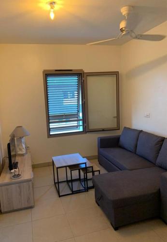 a living room with a blue couch and a table at Appartement T2 Très bon standing vue mer in Sainte-Clotilde