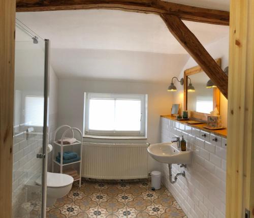 uma casa de banho com um lavatório e um WC em Quartier Nr.1 em Bad Frankenhausen