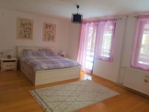 a bedroom with a bed and two windows and a rug at Botanica Zlatibor in Zlatibor